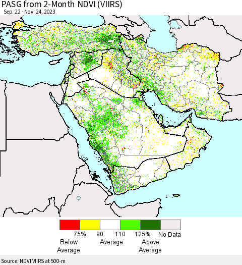Middle East and Turkey PASG from 2-Month NDVI (VIIRS) Thematic Map For 11/17/2023 - 11/24/2023