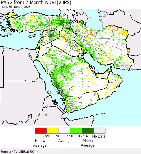 Middle East and Turkey PASG from 2-Month NDVI (VIIRS) Thematic Map For 11/25/2023 - 12/2/2023