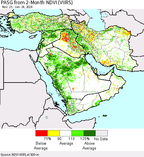 Middle East and Turkey PASG from 2-Month NDVI (VIIRS) Thematic Map For 1/17/2024 - 1/24/2024