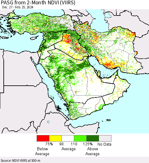 Middle East and Turkey PASG from 2-Month NDVI (VIIRS) Thematic Map For 2/18/2024 - 2/25/2024