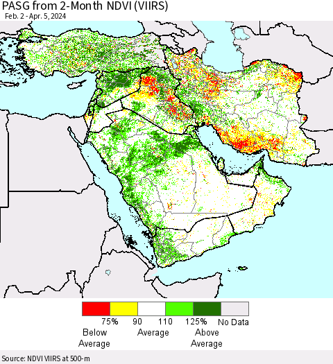 Middle East and Turkey PASG from 2-Month NDVI (VIIRS) Thematic Map For 3/29/2024 - 4/5/2024