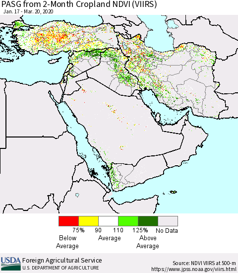 Middle East and Turkey PASG from 2-Month Cropland NDVI (VIIRS) Thematic Map For 3/11/2020 - 3/20/2020