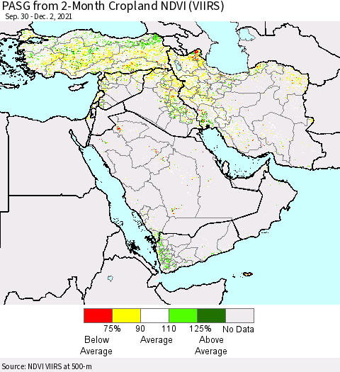 Middle East and Turkey PASG from 2-Month Cropland NDVI (VIIRS) Thematic Map For 11/25/2021 - 12/2/2021