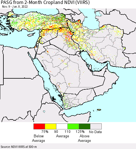 Middle East and Turkey PASG from 2-Month Cropland NDVI (VIIRS) Thematic Map For 1/1/2022 - 1/8/2022