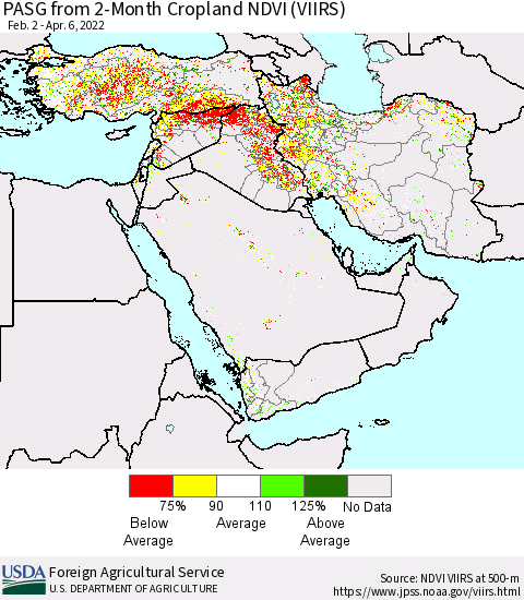 Middle East and Turkey PASG from 2-Month Cropland NDVI (VIIRS) Thematic Map For 4/1/2022 - 4/10/2022