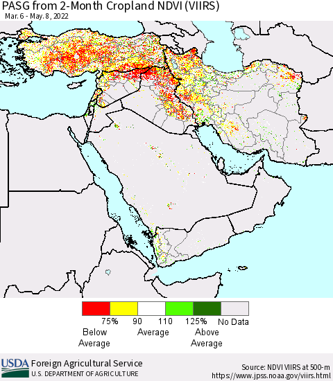 Middle East and Turkey PASG from 2-Month Cropland NDVI (VIIRS) Thematic Map For 5/1/2022 - 5/10/2022