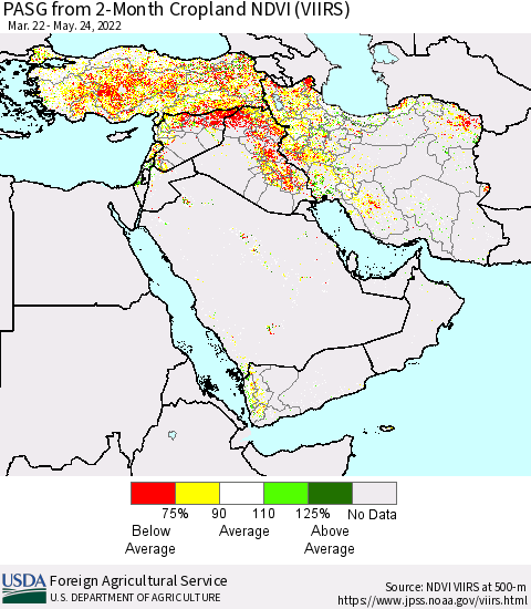 Middle East and Turkey PASG from 2-Month Cropland NDVI (VIIRS) Thematic Map For 5/21/2022 - 5/31/2022