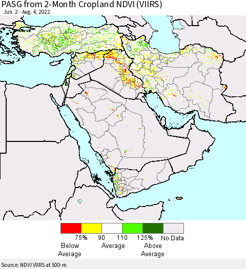 Middle East and Turkey PASG from 2-Month Cropland NDVI (VIIRS) Thematic Map For 7/28/2022 - 8/4/2022