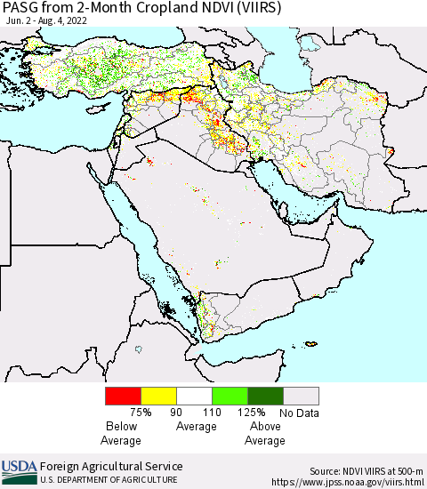 Middle East and Turkey PASG from 2-Month Cropland NDVI (VIIRS) Thematic Map For 8/1/2022 - 8/10/2022