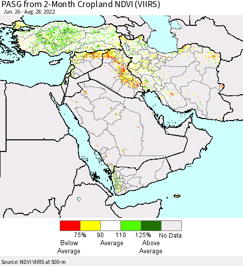 Middle East and Turkey PASG from 2-Month Cropland NDVI (VIIRS) Thematic Map For 8/21/2022 - 8/28/2022