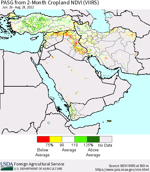 Middle East and Turkey PASG from 2-Month Cropland NDVI (VIIRS) Thematic Map For 8/21/2022 - 8/31/2022