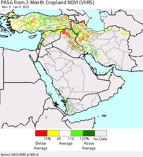 Middle East and Turkey PASG from 2-Month Cropland NDVI (VIIRS) Thematic Map For 1/1/2023 - 1/8/2023