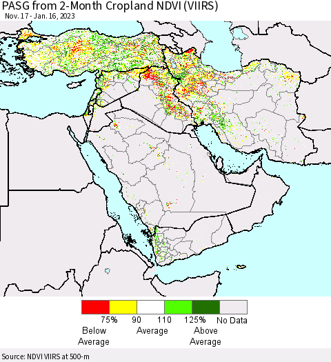 Middle East and Turkey PASG from 2-Month Cropland NDVI (VIIRS) Thematic Map For 1/9/2023 - 1/16/2023
