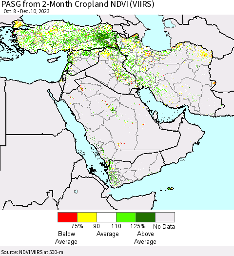 Middle East and Turkey PASG from 2-Month Cropland NDVI (VIIRS) Thematic Map For 12/3/2023 - 12/10/2023