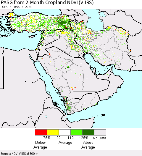 Middle East and Turkey PASG from 2-Month Cropland NDVI (VIIRS) Thematic Map For 12/11/2023 - 12/18/2023