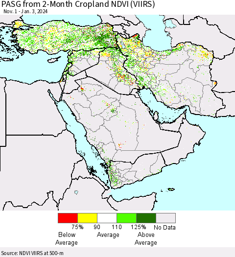 Middle East and Turkey PASG from 2-Month Cropland NDVI (VIIRS) Thematic Map For 12/27/2023 - 1/3/2024