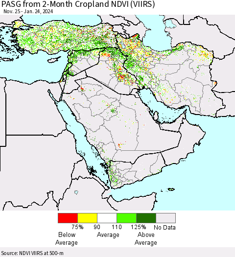 Middle East and Turkey PASG from 2-Month Cropland NDVI (VIIRS) Thematic Map For 1/17/2024 - 1/24/2024