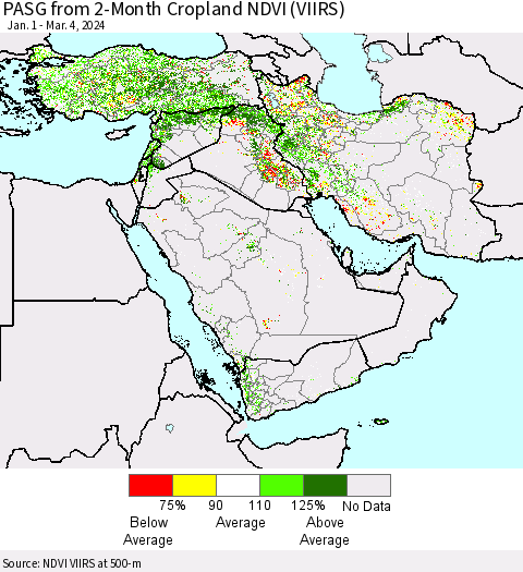 Middle East and Turkey PASG from 2-Month Cropland NDVI (VIIRS) Thematic Map For 2/26/2024 - 3/4/2024