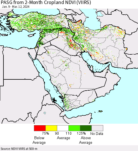 Middle East and Turkey PASG from 2-Month Cropland NDVI (VIIRS) Thematic Map For 3/5/2024 - 3/12/2024