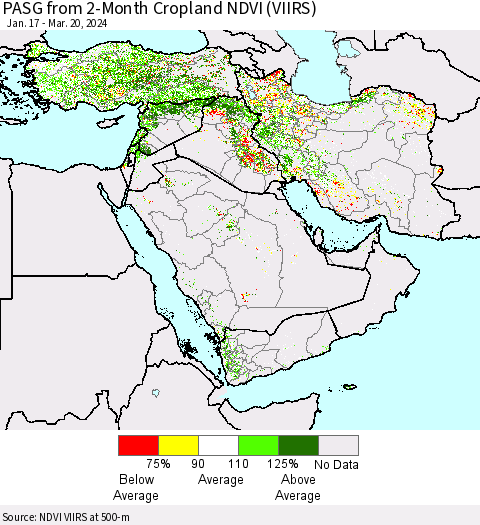 Middle East and Turkey PASG from 2-Month Cropland NDVI (VIIRS) Thematic Map For 3/13/2024 - 3/20/2024