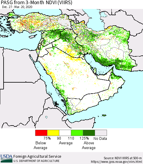 Middle East and Turkey PASG from 3-Month NDVI (VIIRS) Thematic Map For 3/11/2020 - 3/20/2020