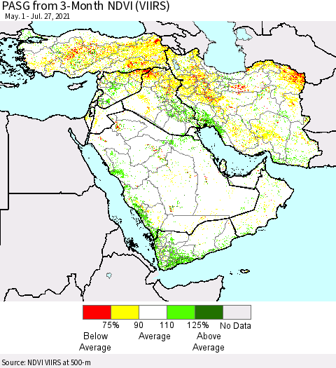 Middle East and Turkey PASG from 3-Month NDVI (VIIRS) Thematic Map For 7/20/2021 - 7/27/2021