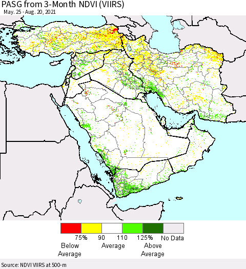 Middle East and Turkey PASG from 3-Month NDVI (VIIRS) Thematic Map For 8/13/2021 - 8/20/2021
