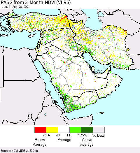 Middle East and Turkey PASG from 3-Month NDVI (VIIRS) Thematic Map For 8/21/2021 - 8/28/2021