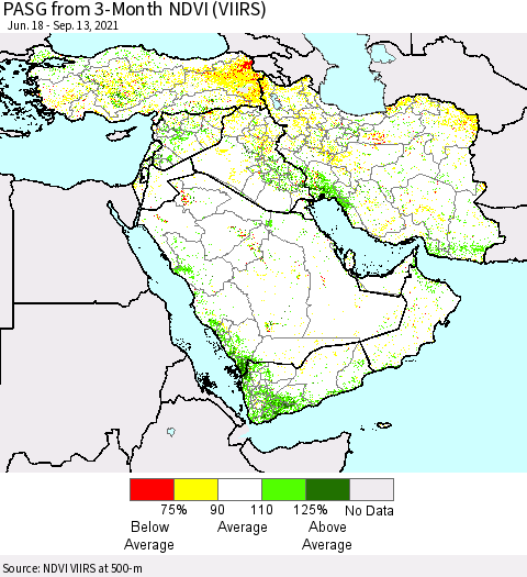 Middle East and Turkey PASG from 3-Month NDVI (VIIRS) Thematic Map For 9/6/2021 - 9/13/2021