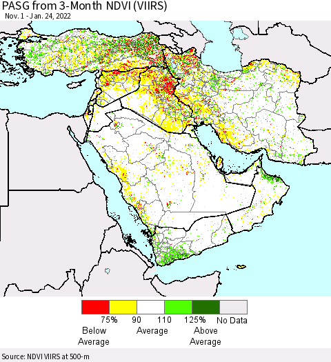 Middle East and Turkey PASG from 3-Month NDVI (VIIRS) Thematic Map For 1/17/2022 - 1/24/2022