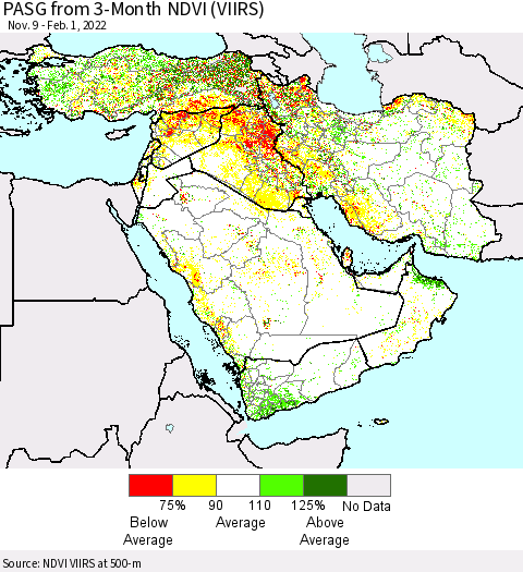 Middle East and Turkey PASG from 3-Month NDVI (VIIRS) Thematic Map For 1/25/2022 - 2/1/2022
