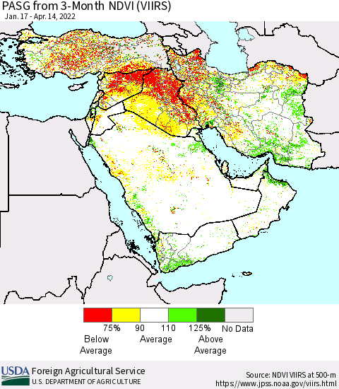 Middle East and Turkey PASG from 3-Month NDVI (VIIRS) Thematic Map For 4/11/2022 - 4/20/2022