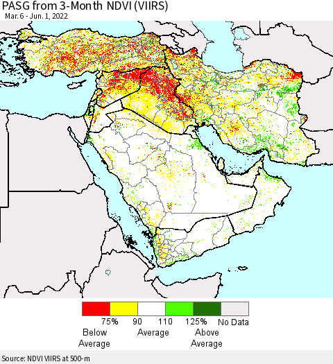 Middle East and Turkey PASG from 3-Month NDVI (VIIRS) Thematic Map For 5/25/2022 - 6/1/2022