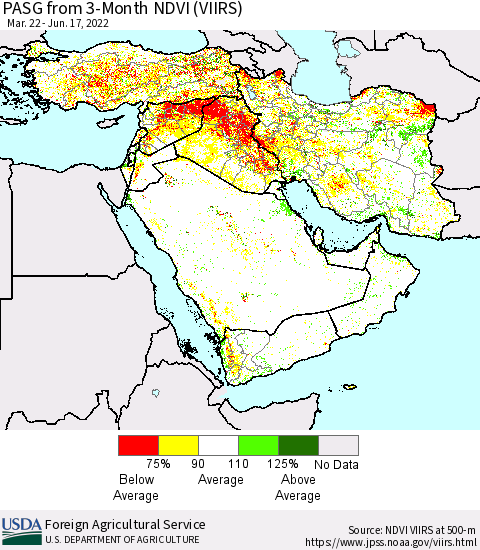 Middle East and Turkey PASG from 3-Month NDVI (VIIRS) Thematic Map For 6/11/2022 - 6/20/2022