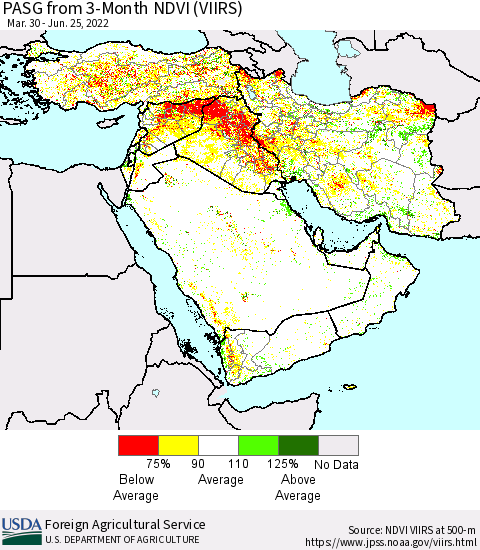 Middle East and Turkey PASG from 3-Month NDVI (VIIRS) Thematic Map For 6/21/2022 - 6/30/2022