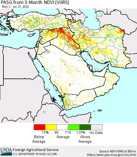 Middle East and Turkey PASG from 3-Month NDVI (VIIRS) Thematic Map For 7/21/2022 - 7/31/2022