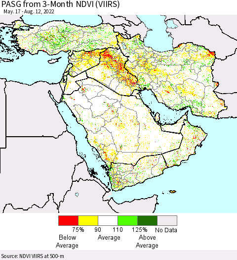 Middle East and Turkey PASG from 3-Month NDVI (VIIRS) Thematic Map For 8/5/2022 - 8/12/2022