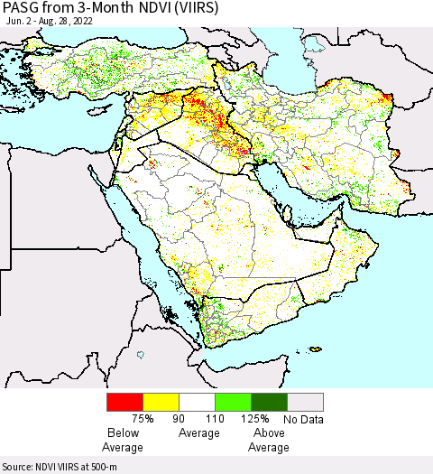 Middle East and Turkey PASG from 3-Month NDVI (VIIRS) Thematic Map For 8/21/2022 - 8/28/2022