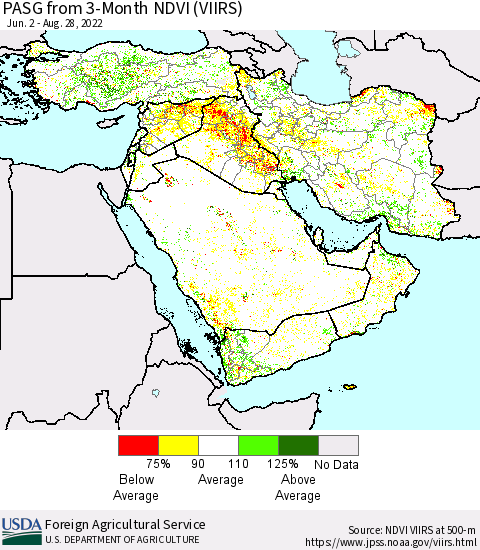 Middle East and Turkey PASG from 3-Month NDVI (VIIRS) Thematic Map For 8/21/2022 - 8/31/2022