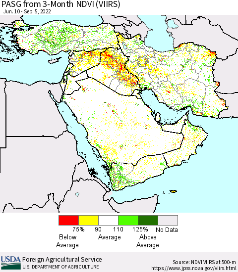 Middle East and Turkey PASG from 3-Month NDVI (VIIRS) Thematic Map For 9/1/2022 - 9/10/2022