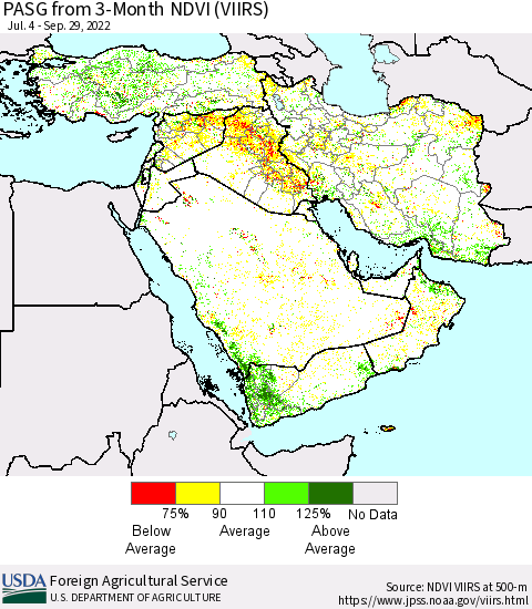 Middle East and Turkey PASG from 3-Month NDVI (VIIRS) Thematic Map For 9/21/2022 - 9/30/2022