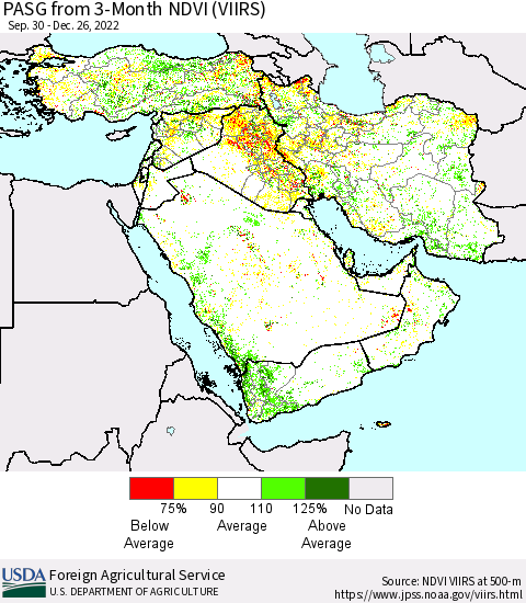 Middle East and Turkey PASG from 3-Month NDVI (VIIRS) Thematic Map For 12/21/2022 - 12/31/2022