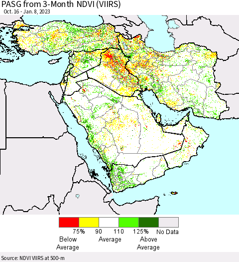 Middle East and Turkey PASG from 3-Month NDVI (VIIRS) Thematic Map For 1/1/2023 - 1/8/2023