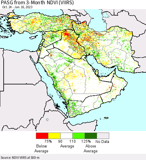Middle East and Turkey PASG from 3-Month NDVI (VIIRS) Thematic Map For 1/9/2023 - 1/16/2023