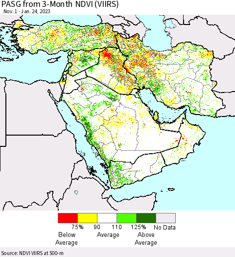 Middle East and Turkey PASG from 3-Month NDVI (VIIRS) Thematic Map For 1/17/2023 - 1/24/2023