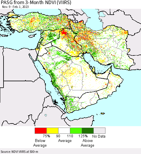 Middle East and Turkey PASG from 3-Month NDVI (VIIRS) Thematic Map For 1/25/2023 - 2/1/2023