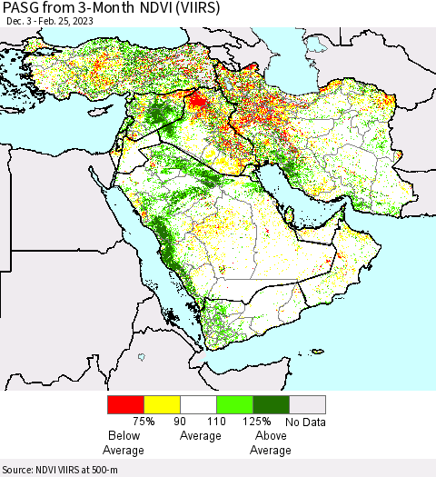 Middle East and Turkey PASG from 3-Month NDVI (VIIRS) Thematic Map For 2/18/2023 - 2/25/2023