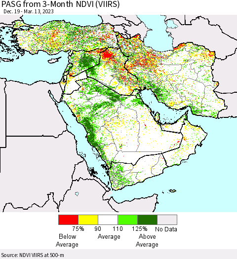 Middle East and Turkey PASG from 3-Month NDVI (VIIRS) Thematic Map For 3/6/2023 - 3/13/2023