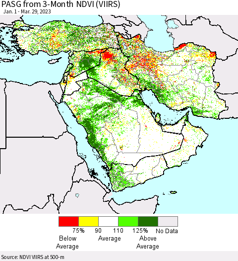 Middle East and Turkey PASG from 3-Month NDVI (VIIRS) Thematic Map For 3/22/2023 - 3/29/2023