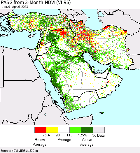 Middle East and Turkey PASG from 3-Month NDVI (VIIRS) Thematic Map For 3/30/2023 - 4/6/2023